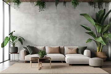 Modern interior design of living room with empty concrete wall background. 3D Rendering, 3D Illustration, Generative AI