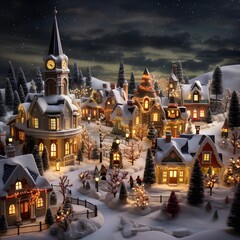 Christmas and New Year background. Winter village in snow. 3d rendering