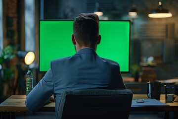 Successful Caucasian Businessman Sitting at Desk Working on Green Screen Laptop Computer in Office. Anonymous Businessperson using Chroma Key Display. Stylish Bright Workplace. Over Shoulder Close-up