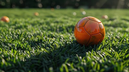 Green football field, orange ball