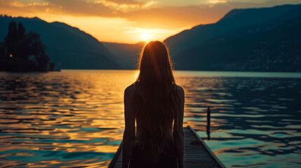 The silhouette of a young woman standing on a pier on the shore of a large lake overlooking the mountains.