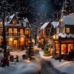 Merry Christmas and Happy New Year. Beautiful winter village in the evening.