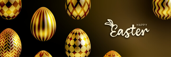Easter banner with golden Easter eggs. Gold Easter eggs greeting card or poster. - 767366870