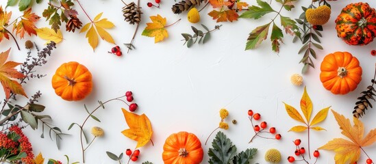 Composition of autumn elements such as dried leaves, pumpkins, flowers, and rowan berries displayed on a white background. Perfect for autumn, fall, Halloween, and Thanksgiving themes. - obrazy, fototapety, plakaty