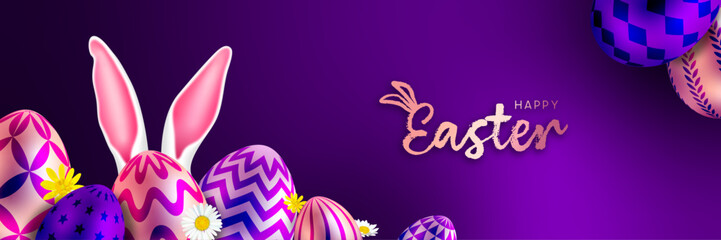 Easter greeting card banner with Easter eggs and Easter bunny ears on purple background. Easter banner with Easter rabbit ears, colorful Easter eggs, flowers and 'Happy Easter' handwritten text. - obrazy, fototapety, plakaty