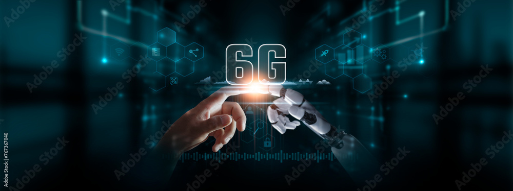 Poster 6g: integration of human and robot hands touching 6g global network connection, advancing communicat
