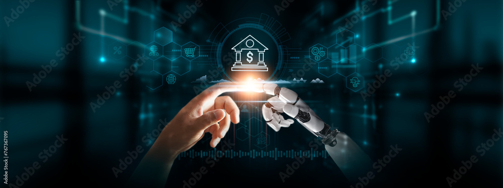 Poster banking: hands of robot and human touch banking solutions of global networking, financial transactio