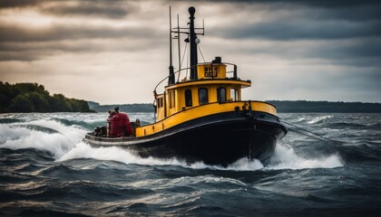 A sturdy yellow tugboat cuts through turbulent waters, a symbol of resilience and determination against the forces of nature. - obrazy, fototapety, plakaty