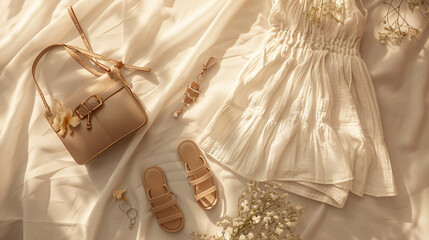 An elegant summer evening flat lay including a light linen dress a pair of sandals a clutch and delicate jewelry on a soft pastel background.