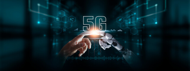 5G: Integration of Robot and Human Hands Touching 5G Global Network Connection, Advancing...