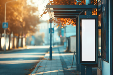 Poster or lightbox advertisement board at bus stop. Transparent empty copy space. Generative AI	