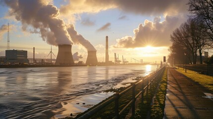 A serene late afternoon scene showcasing a view of the riverbank, where a nuclear reactor - obrazy, fototapety, plakaty