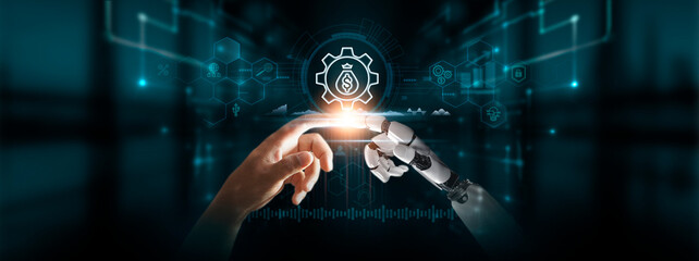 Asset Management: Hands of Robot and Human Touch Asset Management Icon of Global Networking,...