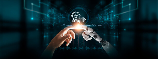Branding: Hands of Robot and Human Touch Branding Icon of Global Networking, Establishing Identity,...