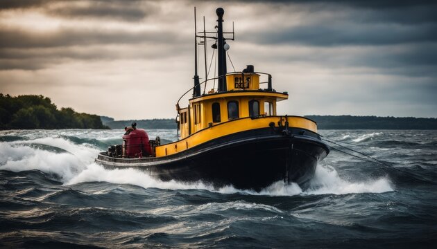 A sturdy yellow tugboat cuts through turbulent waters, a symbol of resilience and determination against the forces of nature.
