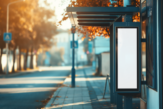 Poster or lightbox advertisement board at bus stop. Transparent empty copy space. Generative AI	 - Powered by Adobe