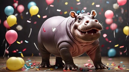 happy hippopotamus dancing against the background of confetti and balloons, funny hippopotamus dancing and having fun