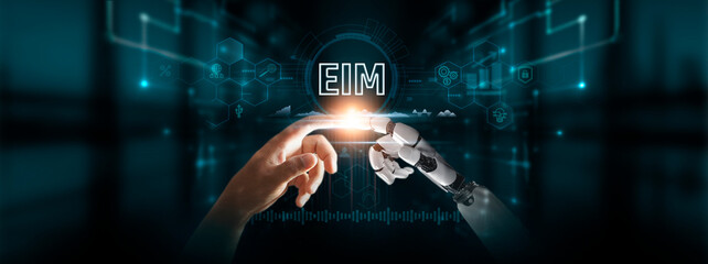 EIM: Robot and Human Hands Touch EIM of Global Networking, Data Governance, Leveraging Artificial Intelligence, Embracing Advanced Analytics for Future Digital Technologies. - obrazy, fototapety, plakaty