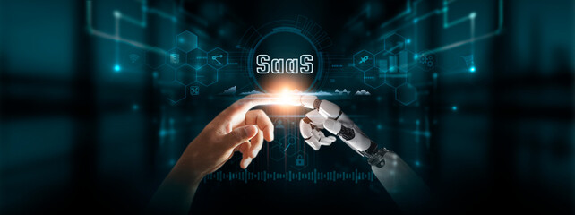 SaaS: Hands of robot and human touch Software as a Service of Global Networking, Cloud Computing,...