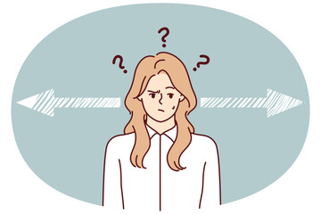 Discouraged woman near arrows pointing in different directions for hard decision concept. Blonde lady in white shirt makes important choice choosing strategy to attract customers. Flat vector image