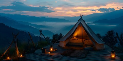 Cozy glamping tent with candles set against a stunning mountain sunset Millennial trend for staycation in nature. Concept Glamping, Sunset Views, Cozy Decor, Mountain Retreats, Millennial Trend - obrazy, fototapety, plakaty