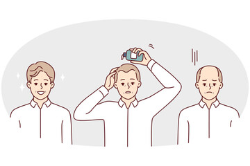 Man using hair growth gel rejoices after seeing good result of cosmetic product. Sad guy uses cream to get rid of baldness on head and get desired bouffant hairstyle. Flat vector illustration