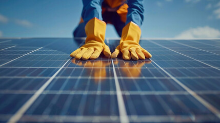 A technician in yellow gloves installing photovoltaic solar panel system on the rooftop. Alternative energy concept.