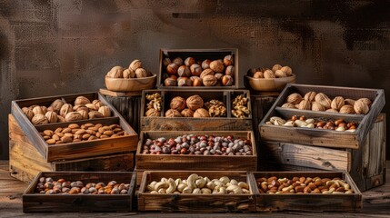 nuts, such as walnuts and hazelnuts, presented in wooden boxes, with a background of various whole peanuts arranged on the table, in a high-angle view realistic photo.