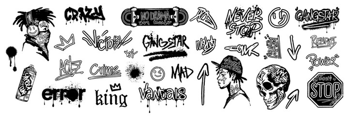Graffiti urban sticker set, spray calligraphy print, vector street art splatter tags, rapper face. Hip-hop skateboard culture tattoo, black young guy, skull, arrow. Graffiti urban textile design © Oleksandra