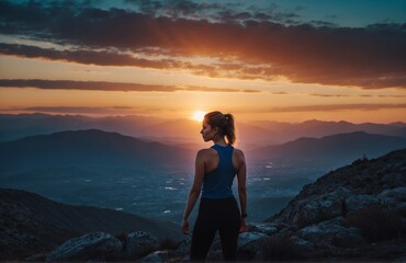 Female Hiker Standing at Tail Summit at Sunset - Blue Tones - Arizona Utah Landscape 