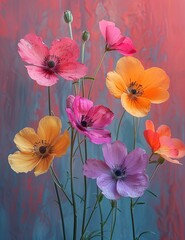 A bunch of colorful flowers, including poppy anemones, rests in a ceramic vase on a red background