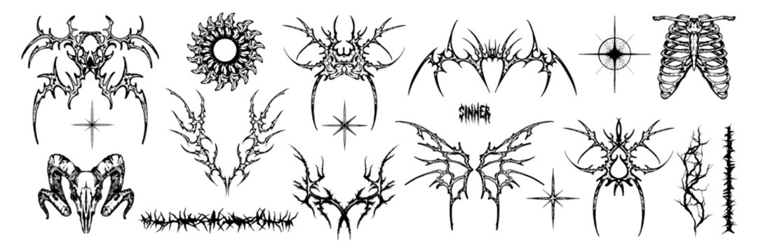 Neo tribal gothic tattoo set, retro futuristic cyber symmetry shapes, vector dark y2k wings, bones. Metal music cover print, alien surreal illustration, skull, stars grunge clipart. Neo tribal symbol