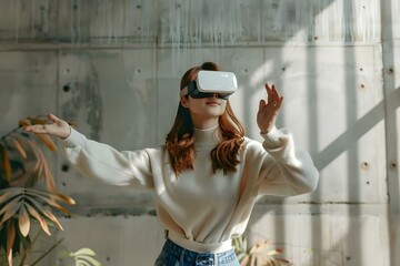 A woman in VR goggles interacts with virtual objects using gesture control in augmented reality. Concept Augmented Reality, Gesture Control, Virtual Reality Goggles, Technology Interaction