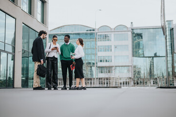 Energetic young professionals have an impromptu meeting outdoors amidst the cityscape, working...