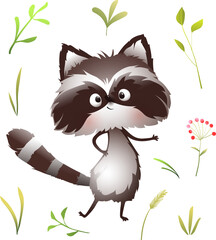 Cute funny baby raccoon, little animal character for children. Illustrated adorable smiling raccoon posing for kids. Isolated vector animal clipart for children in watercolor style. - 767368603