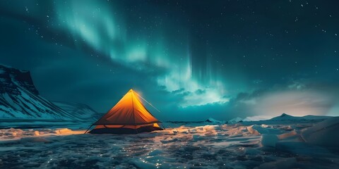 Cozy and adventurous: Camping under the Northern Lights in a wilderness setting. Concept Cozy Camping, Northern Lights, Wilderness Adventure, Stargazing, Outdoor Exploration - obrazy, fototapety, plakaty