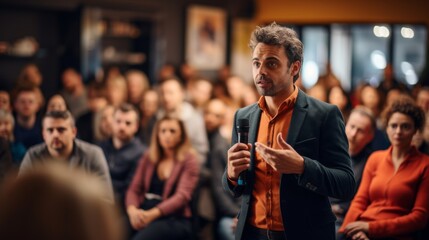 Engaging Speaker at a Public Event. A charismatic speaker engages with an audience during a lively...