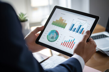 Analyzing Financial Data on Tablet. Close-up of a professional analyzing complex financial data and graphs on a digital tablet.