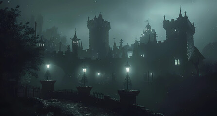 vampire castle at night with street lamps - obrazy, fototapety, plakaty