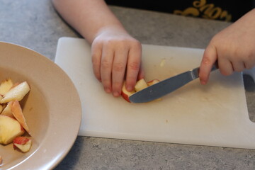 person slicing apple on kitchen board