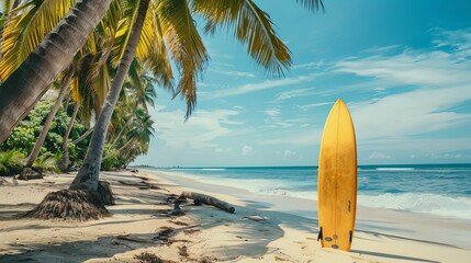 Enjoy surfing and relaxation on a tropical beach with palm trees and a dedicated surfing area. Perfect for summer vacations and water sports enthusiasts.
