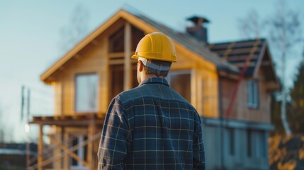 A man in a helmet and a plaid shirt on a construction site. Construction concept