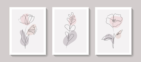 Botanical wall art vector set. Foliage and flower  line art drawing with abstract shape for print, cover, wallpaper, poster. Trendy minimal  wall art. Vector illustration.