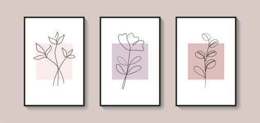 Botanical wall art vector set. Foliage and flower  line art drawing with abstract shape for print, cover, wallpaper, poster. Trendy minimal  wall art. Vector illustration.