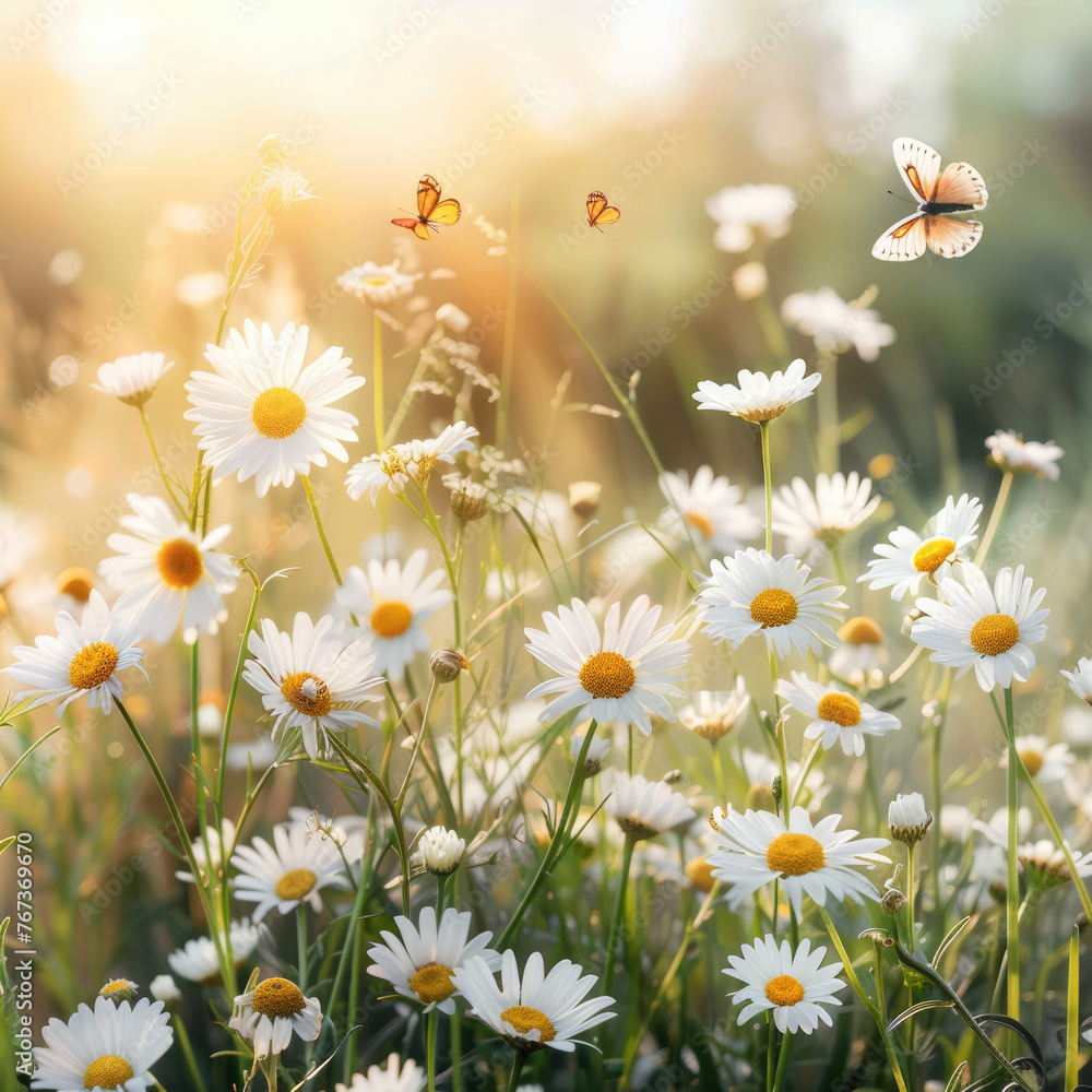 Wall mural sunlit field of daisies with fluttering butterflies. chamomile flowers on a summer meadow in nature,