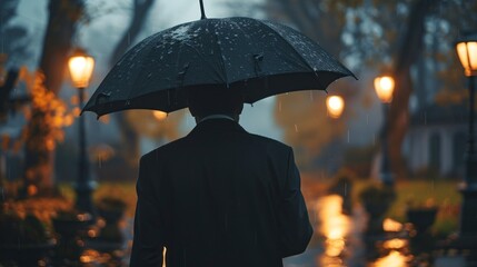 man with a suit and an umbrella in a cemetery with drizzle, dark day in high resolution and quality - obrazy, fototapety, plakaty