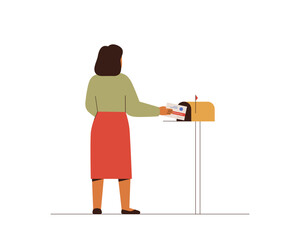Woman votes by mail. Back view of female who is putting envelope in mailbox. Voting and Election concept. Pre-election campaign. Vector illustration - 767370054