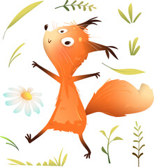 Cheerful funny squirrel, playful animal character for children. Illustrated running and jumping little squirrel character for kids. Isolated vector animal clipart for children in watercolor style. - 767370231