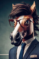 A horse with glasses and tie is wearing a suit