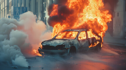  Dramatic intense scene of a burning car engulfed in flames amidst the street or yard, conveying urgency and danger - obrazy, fototapety, plakaty
